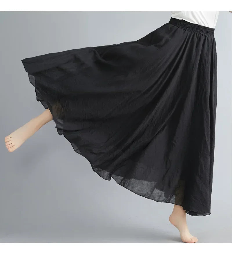 Saia Maxi Algodão Linho Cor Sólida - Casual Elegante Harajuku Longa