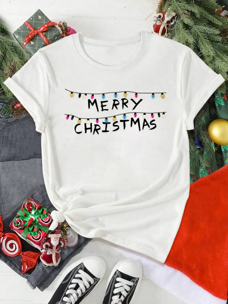 T-Shirt Natal Feminina Merry Christmas - Gorro Renas Manga Curta Branca Casual