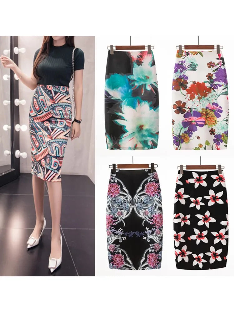 Saia Bodycon Estampado Flores Vintage - Midi Elegante Lápis Ajustada