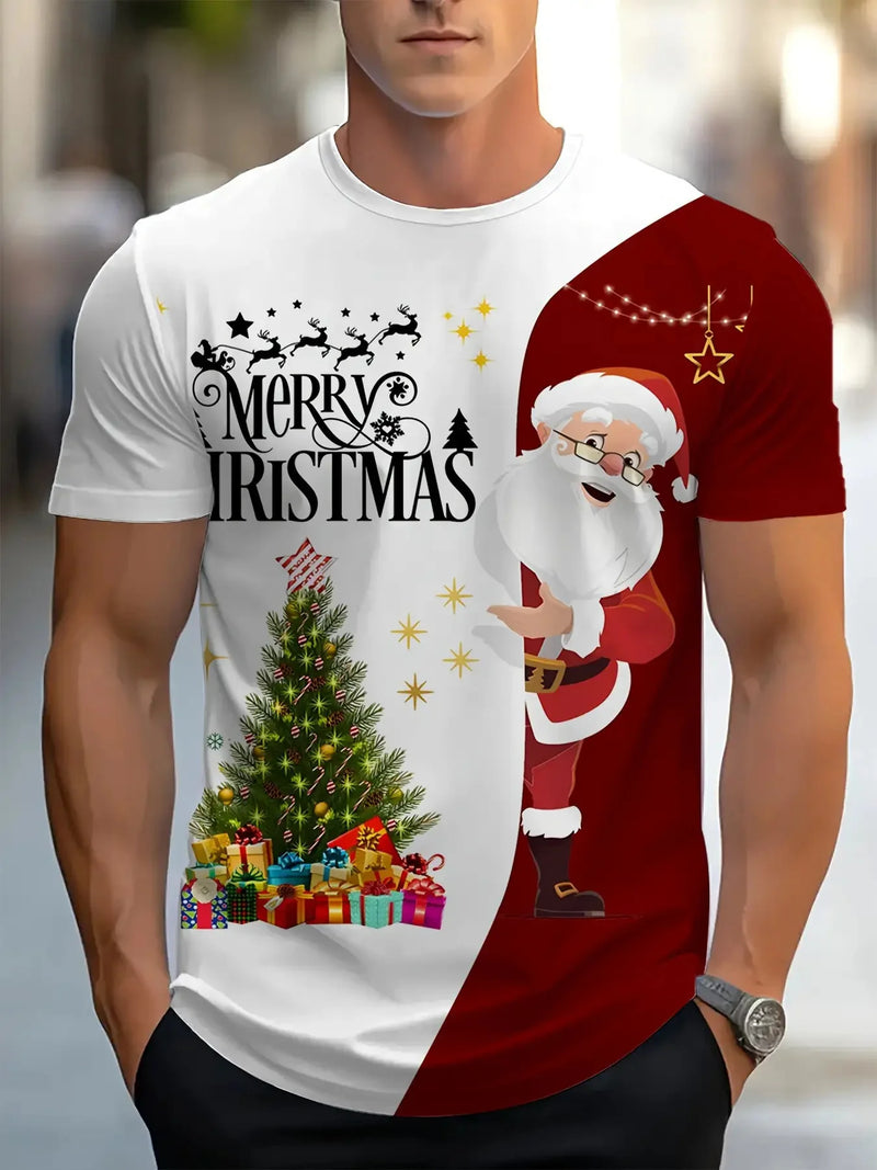 T-Shirt Homem Natal Vermelho Branco - Pai Natal Merry Christmas Lavável Máquina