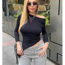 Top Feminino Assimétrico Ombro Descoberto - Franzido Casual Manga Comprida Primavera