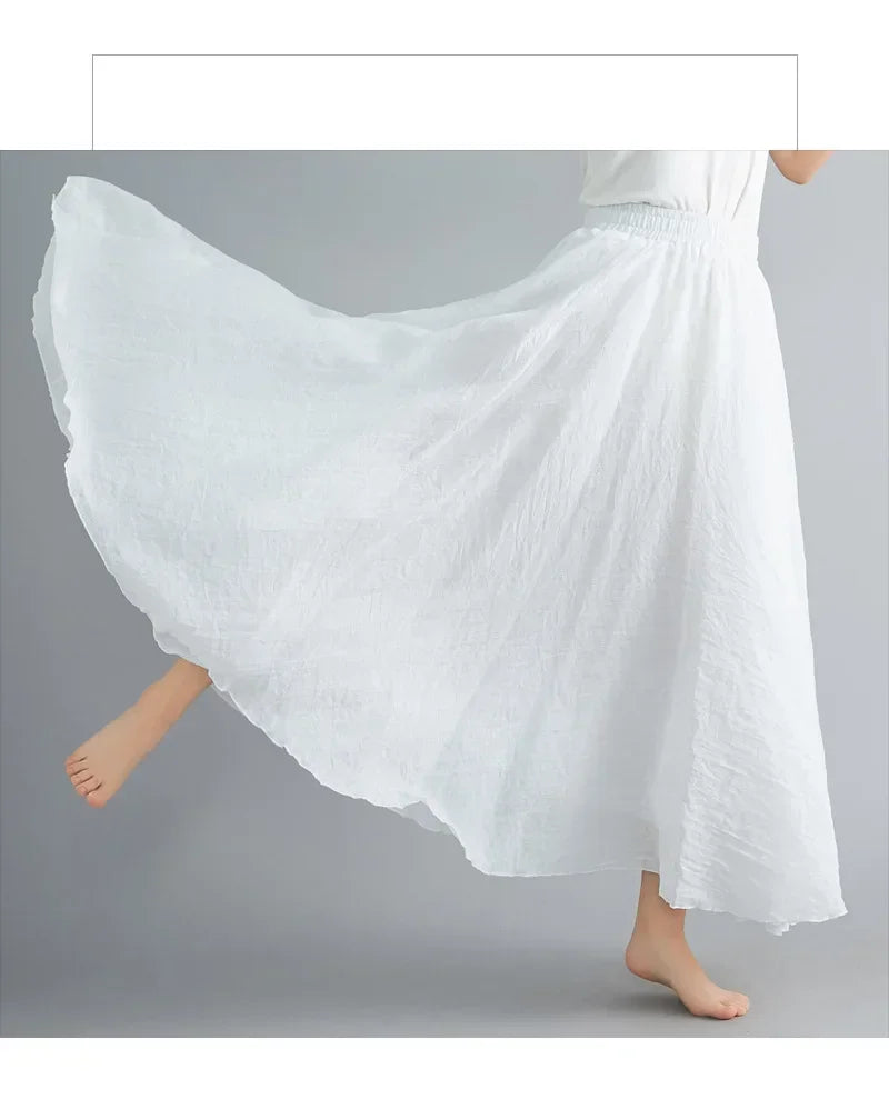 Saia Maxi Algodão Linho Cor Sólida - Casual Elegante Harajuku Longa