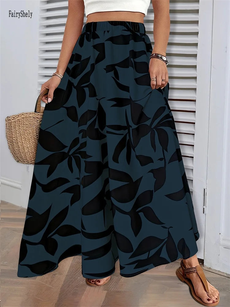 Saia Longa Estampado Folhas Casual 2025 - Cintura Alta Plissada Elegante