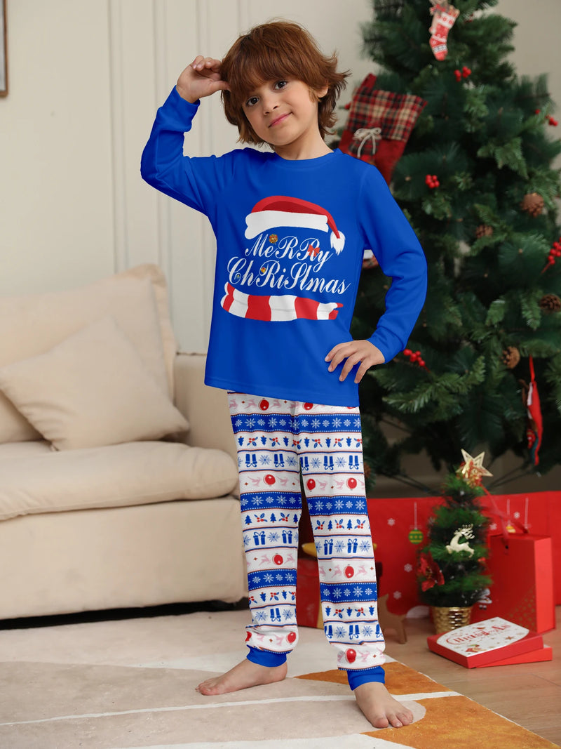 Pijama Natal Família Azul - Gorro Pai Natal Merry Christmas Calças Festivas