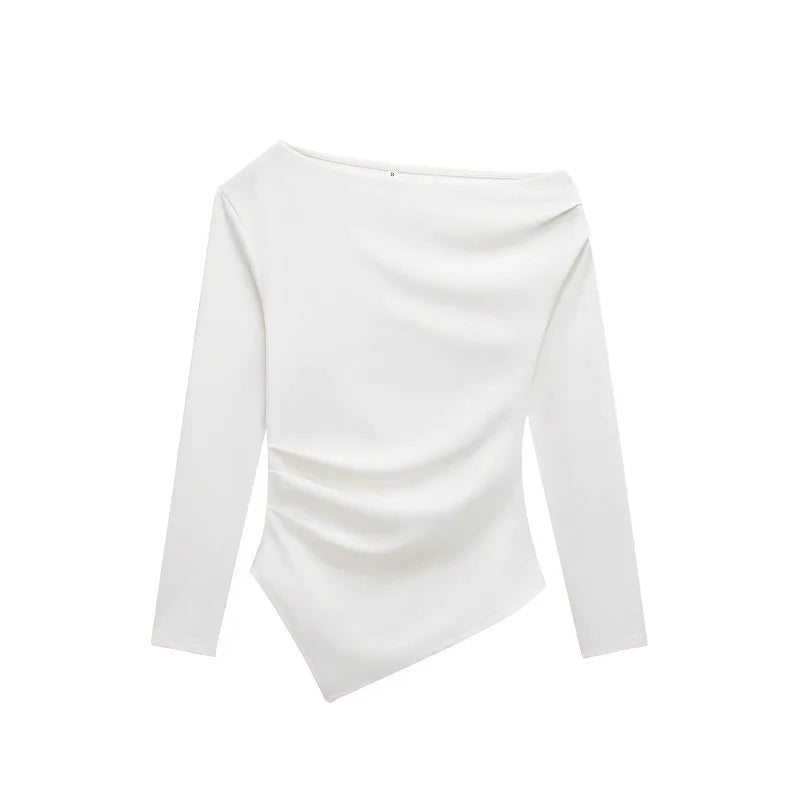 Top Feminino Assimétrico Ombro Descoberto - Franzido Casual Manga Comprida Primavera