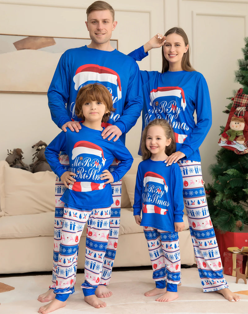 Pijama Natal Família Azul - Gorro Pai Natal Merry Christmas Calças Festivas