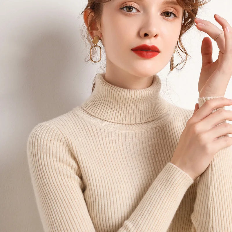 Camisola Cashmere Gola Alta Feminina - Manga Comprida Quente Inverno