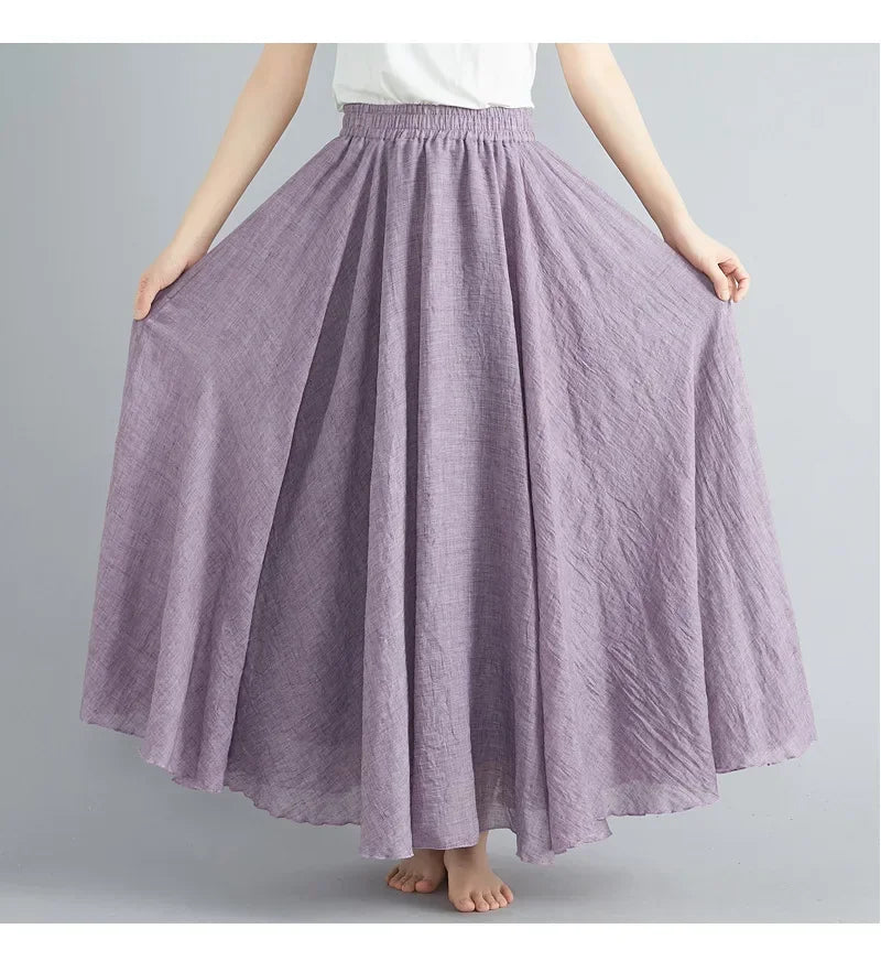 Saia Maxi Algodão Linho Cor Sólida - Casual Elegante Harajuku Longa