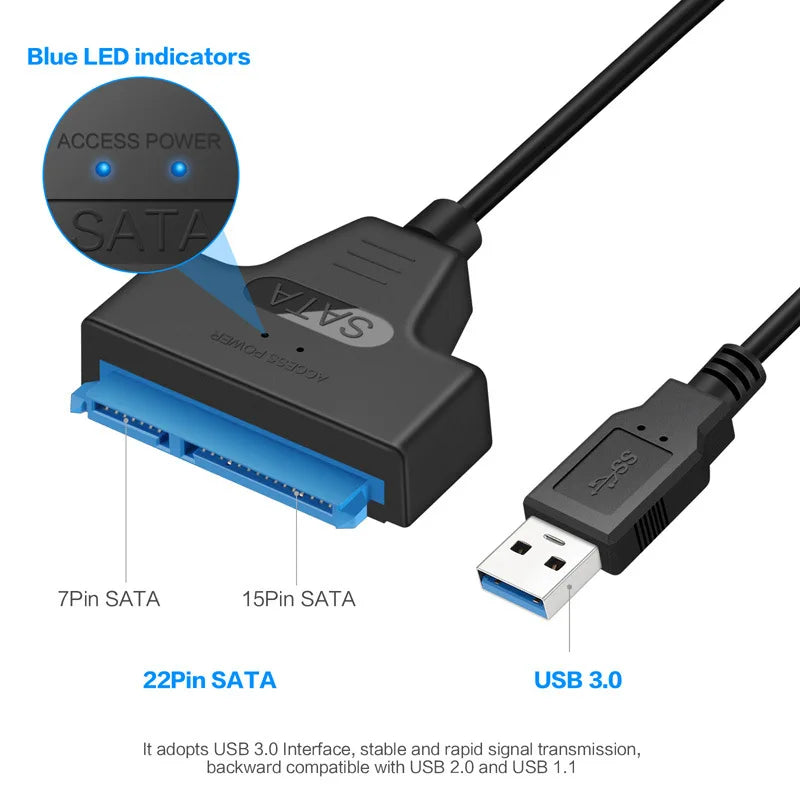 Cabo Adaptador SATA para USB 3.0 - 6 Gbps HDD SSD 2.5" Disco Externo