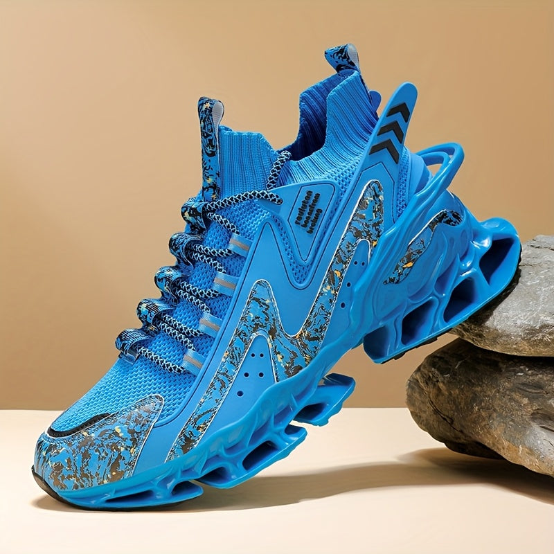 Ténis de Corrida e Ginásio Masculinos Leves - Sapatilhas de Treino Respiráveis com Sola TPU Almofadada, Ténis com Atacadores para Ginásio, Jogging e Uso Casual - Sapatos Casuais Outono/Inverno em Azul Vibrante, Design Padrão Dinâmico, Absorção de Choque