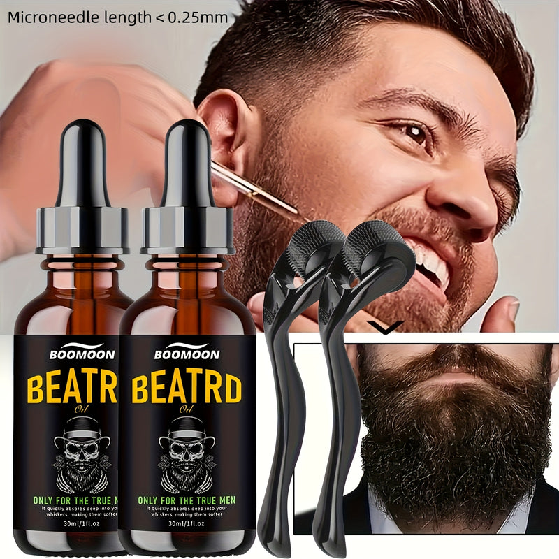 Kit Óleo para Barba e Couro Cabeludo com Roller Massageador - 60ml Fórmula Iluminadora Sem Álcool | Presente Perfeito Natal Dia do Pai