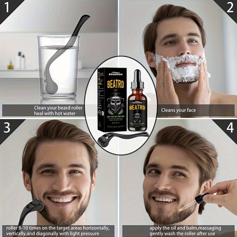 Kit Óleo para Barba e Couro Cabeludo com Roller Massageador - 60ml Fórmula Iluminadora Sem Álcool | Presente Perfeito Natal Dia do Pai