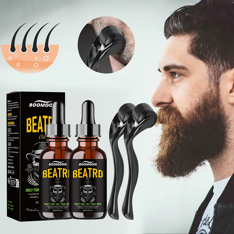 Kit Óleo para Barba e Couro Cabeludo com Roller Massageador - 60ml Fórmula Iluminadora Sem Álcool | Presente Perfeito Natal Dia do Pai