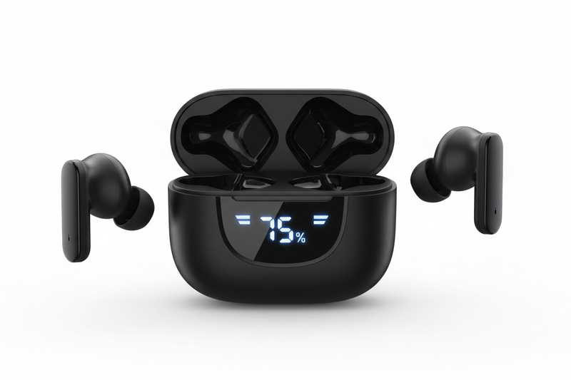 Earbuds Pretos com LED Fundo Branco