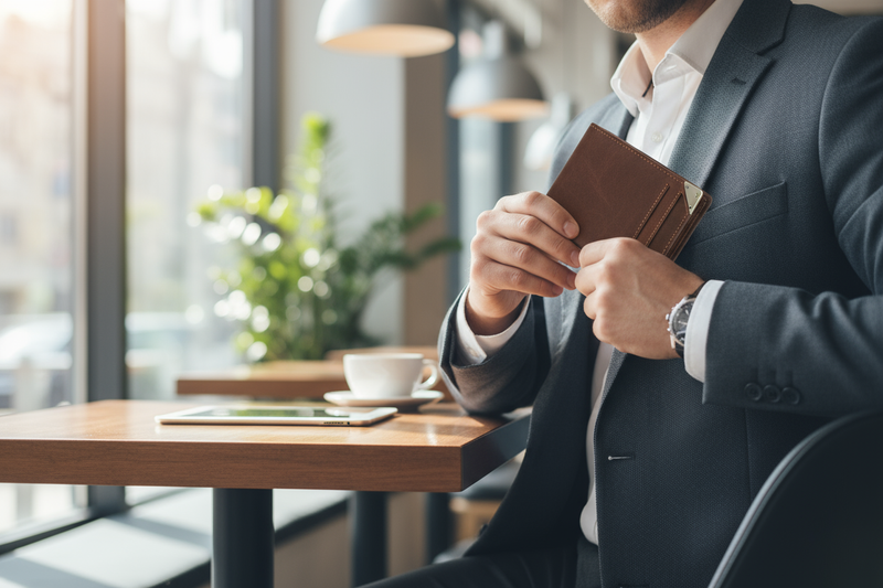 Homem profissional usando carteira masculina couro - estilo business elegante
