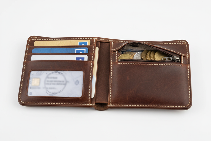 Carteira masculina couro aberta - compartimentos para cartões moedas e ID
