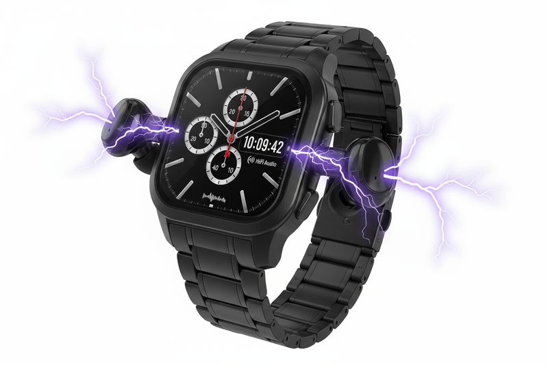 Relógio preto com fones a sair